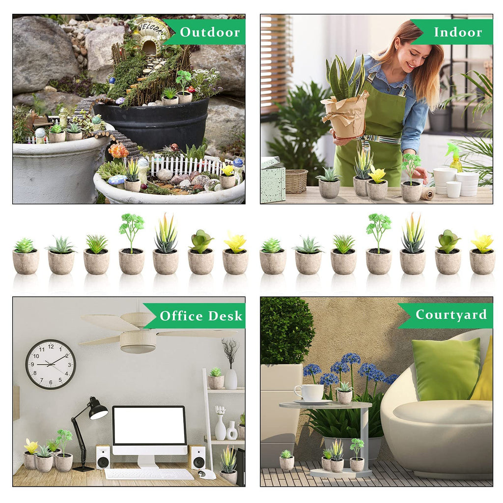 Collage of four scenes showing artificial succulents in various settings: outdoor fairy garden, indoor crafting table, office desk, and courtyard patio.
