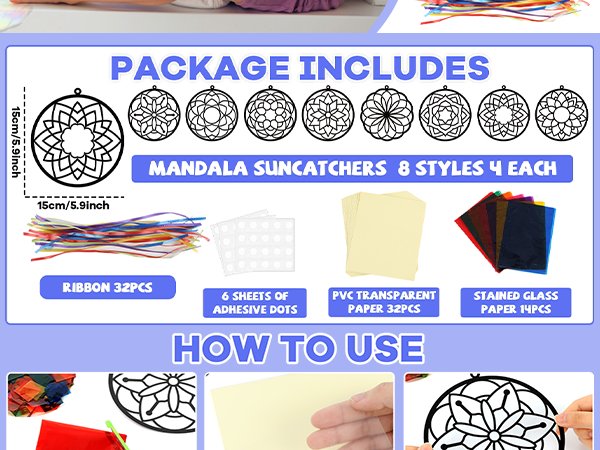 Package contents and instructions for mandala suncatcher craft kit, showing frames, ribbon, paper, and adhesive dots.