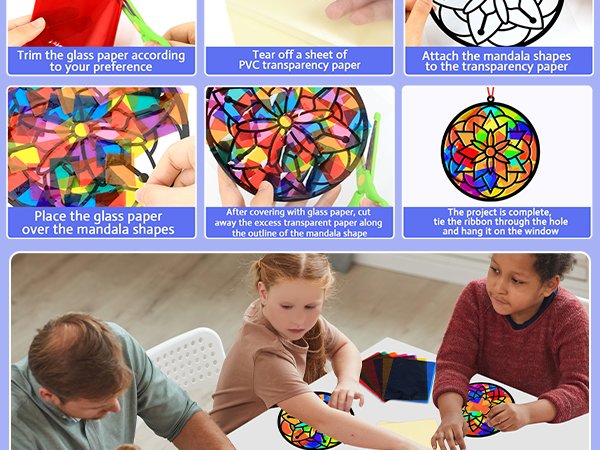 Craft kit instructions showing steps to create stained glass effect suncatchers, with a final lifestyle image of children crafting.