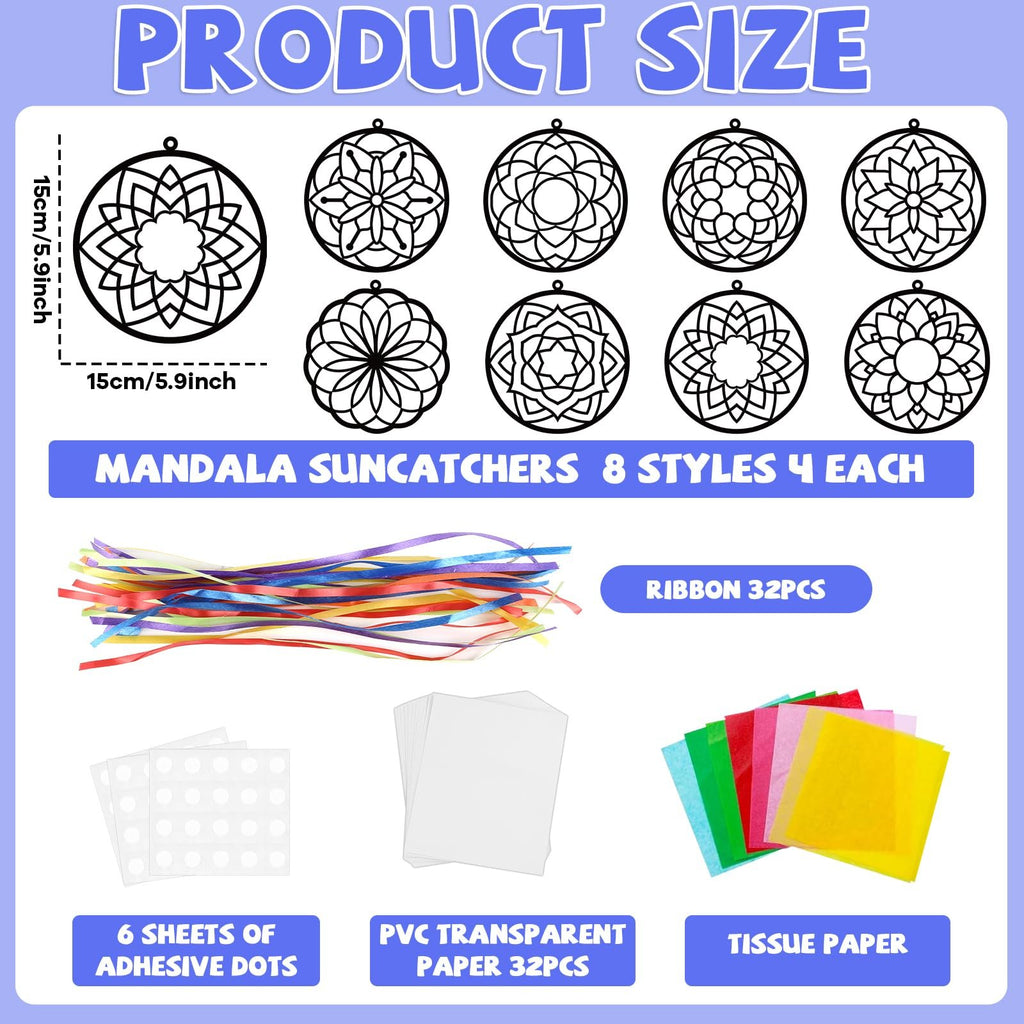 Mandala suncatcher craft kit contents including 8 designs, ribbons, adhesive dots, transparent paper, and tissue paper.