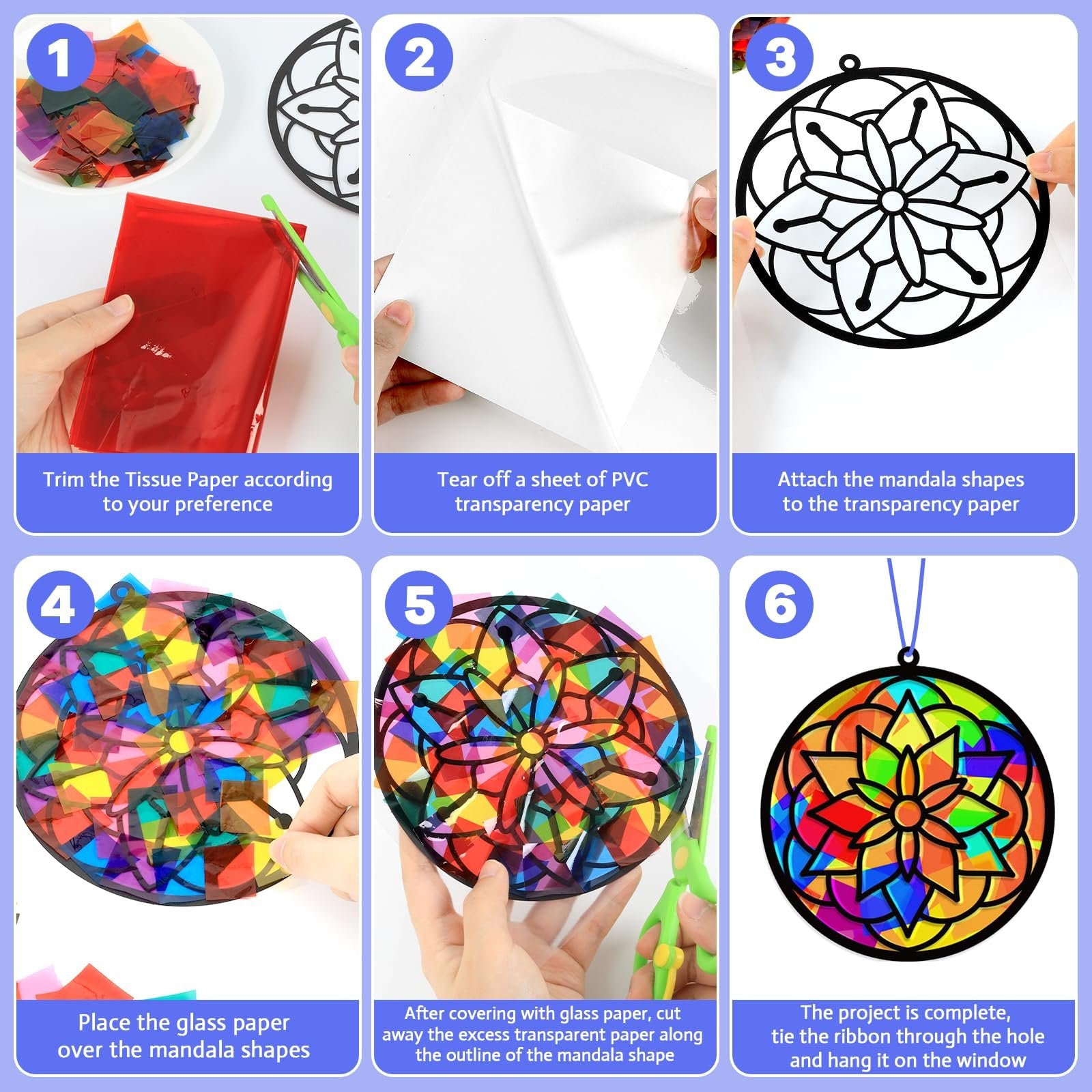 Collage of 6 steps showing how to make a stained glass effect suncatcher craft.