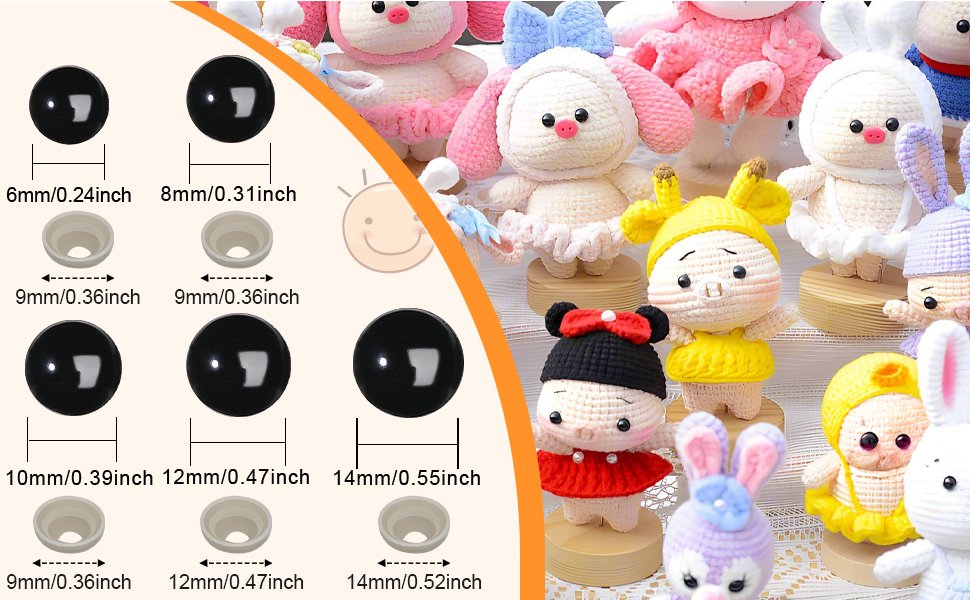 Black plastic safety eyes and washers in various sizes with measurement callouts, next to a display of crocheted stuffed animals.