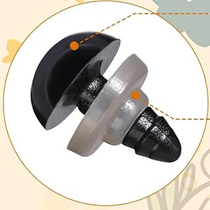 Exploded view of a black plastic safety eye and washer for crafts, showing internal components.