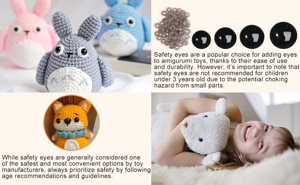 Crocheted stuffed animals and a child holding a plush toy, with a display of black safety eyes and washers.