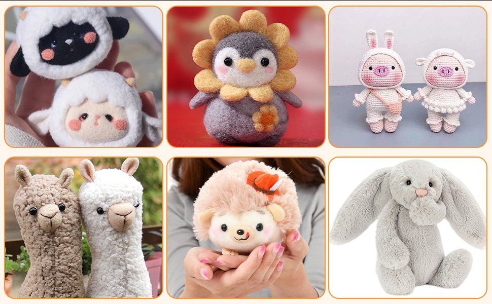 Collage of six different handmade plush toys including sheep, a penguin, pigs, alpacas, a hedgehog, and a bunny.