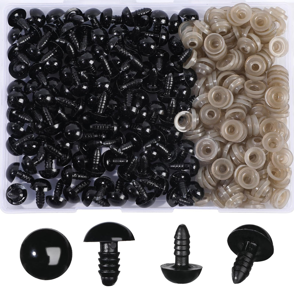 Black plastic safety eyes and washers in a clear divided container, with close-ups of individual eyes and washers.