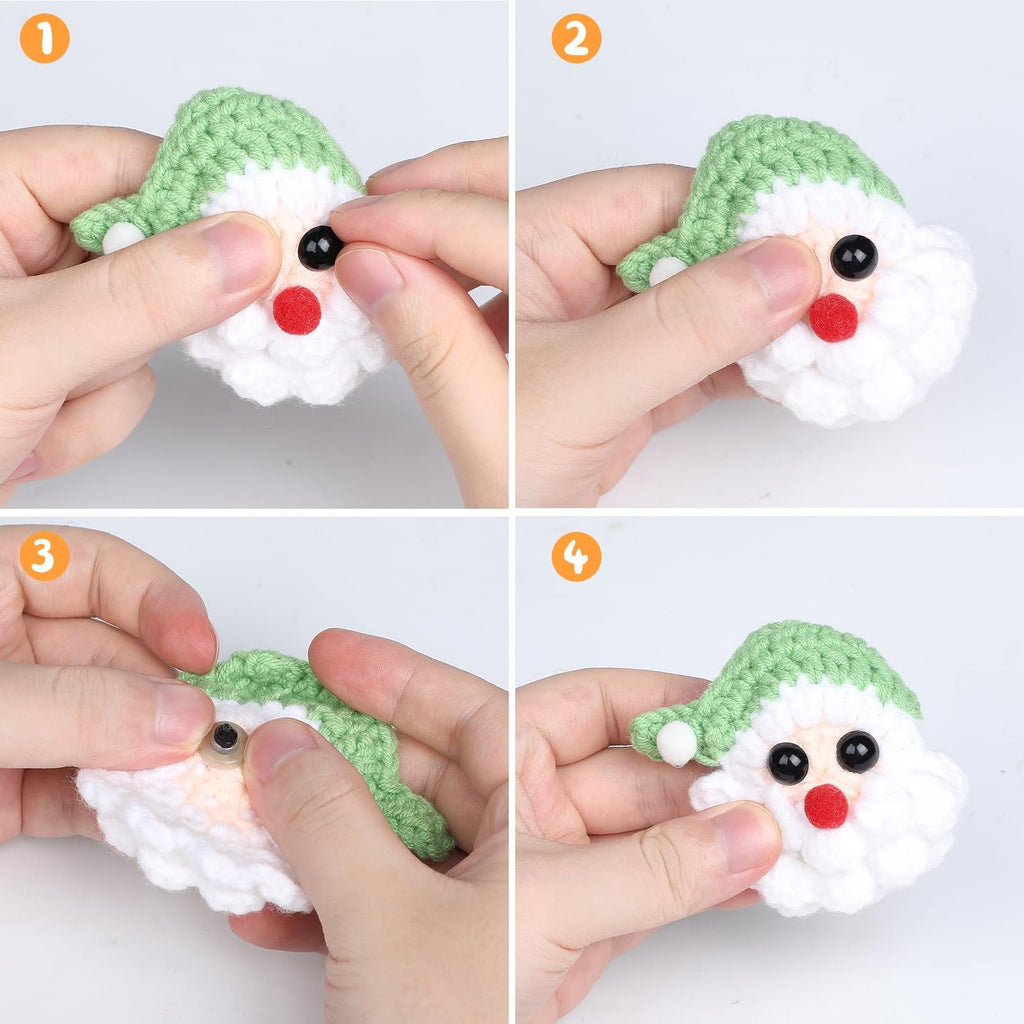 Hands assembling a crochet Santa Claus face, showing how to attach safety eyes and washers.