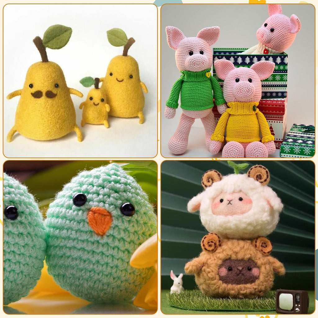 Crocheted stuffed animals including pears, pigs, chicks, and a sheep character.