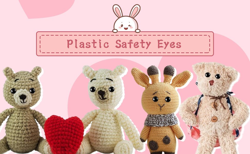Four crocheted stuffed animals including bears and a giraffe, with a pink banner reading 'Plastic Safety Eyes' above them.