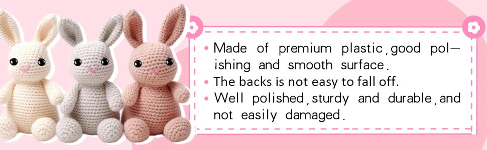 Three crocheted bunnies in cream, light gray, and pink, with black eyes and pink noses, sitting against a pink background with text callouts.