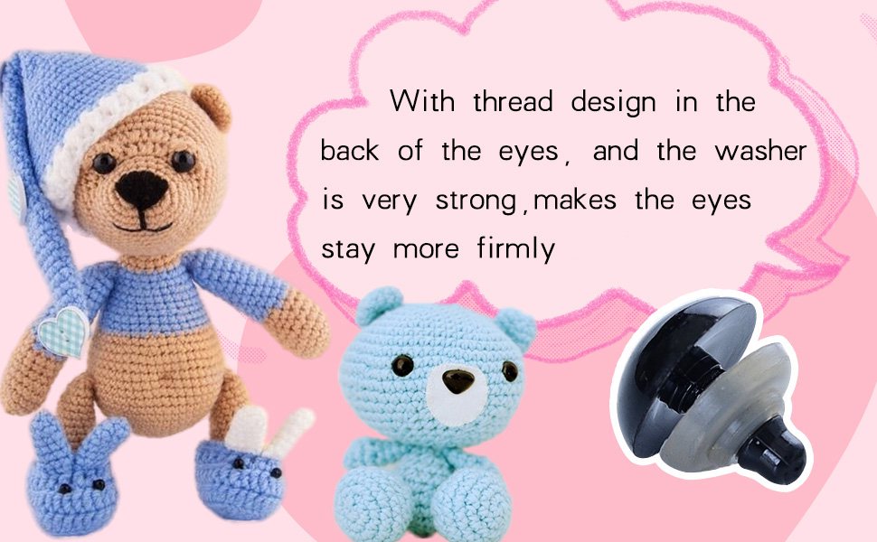 Crocheted teddy bears and a black plastic safety eye with washer, showing thread design on back.