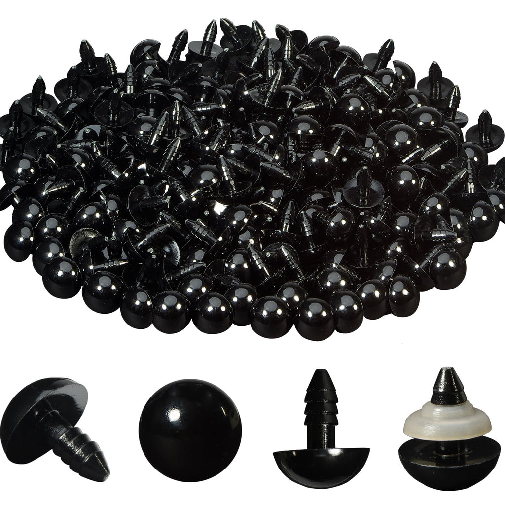 Pile of black plastic safety eyes with washers, shown from above and with individual components below.