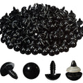 Pile of black plastic safety eyes with washers, shown from above and with individual components below.