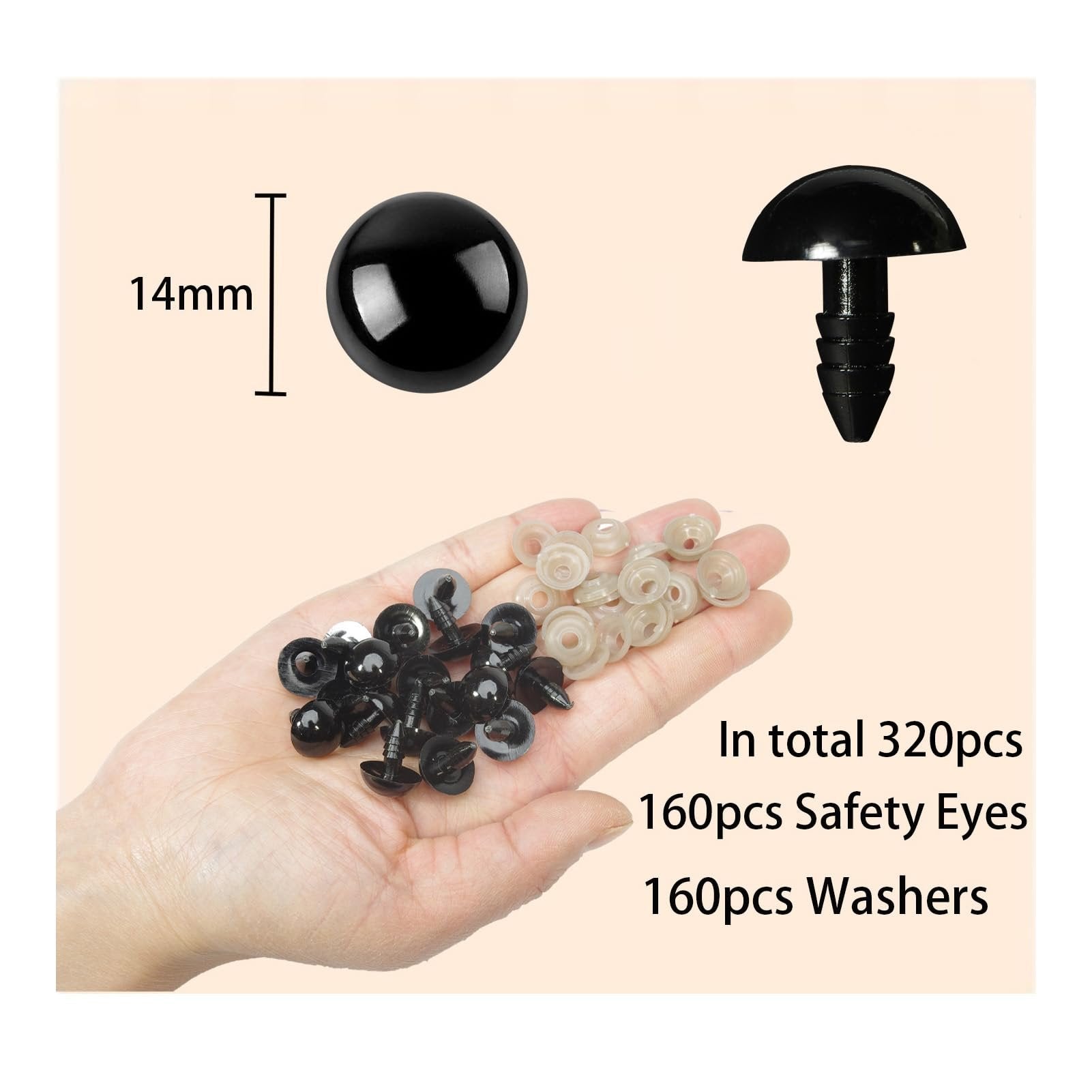 Hand holding black plastic safety eyes and washers, with size indicator and quantity text.