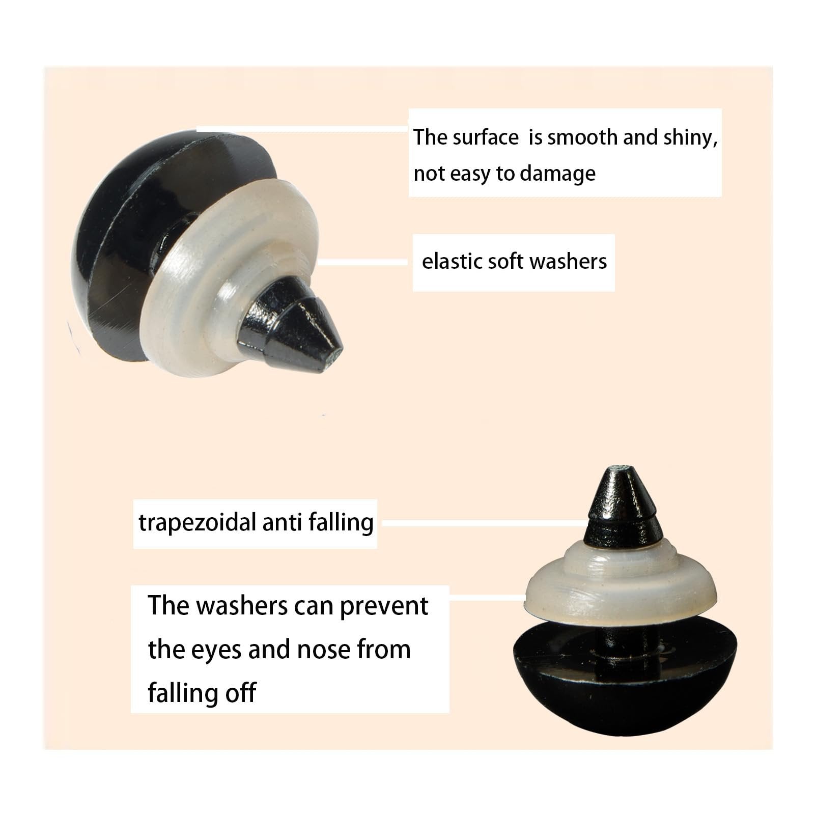 Black plastic safety eyes with elastic soft washers shown from two angles, highlighting smooth surface and anti-fall design.