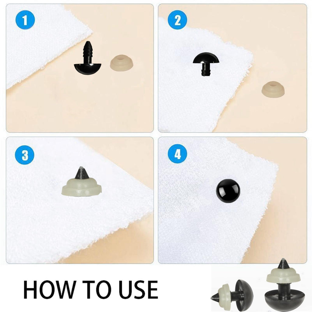 Four-step guide showing how to attach black plastic safety eyes with washers to fabric for crafts.