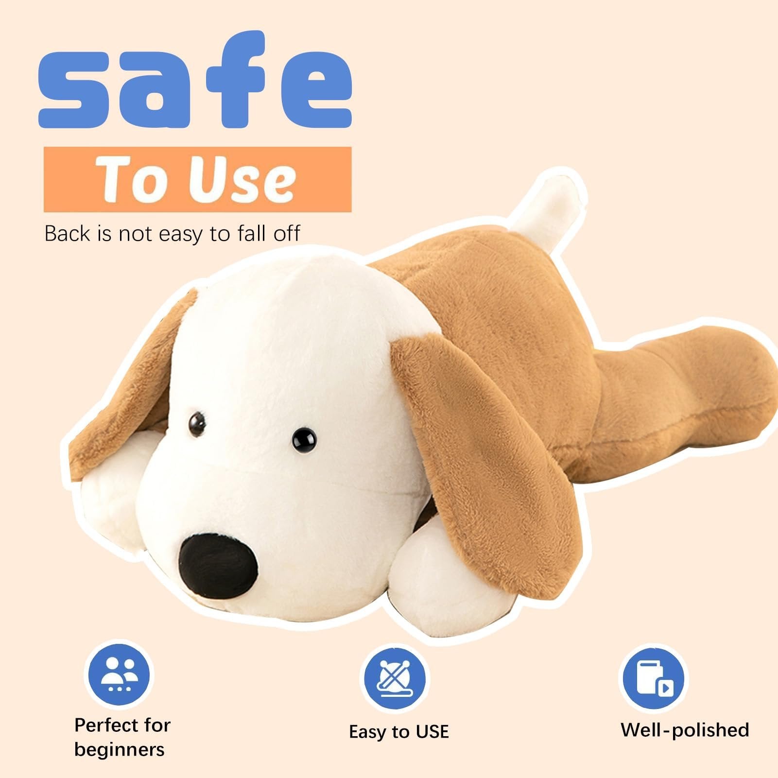 Plush dog toy lying down, with text overlays highlighting safety and ease of use.