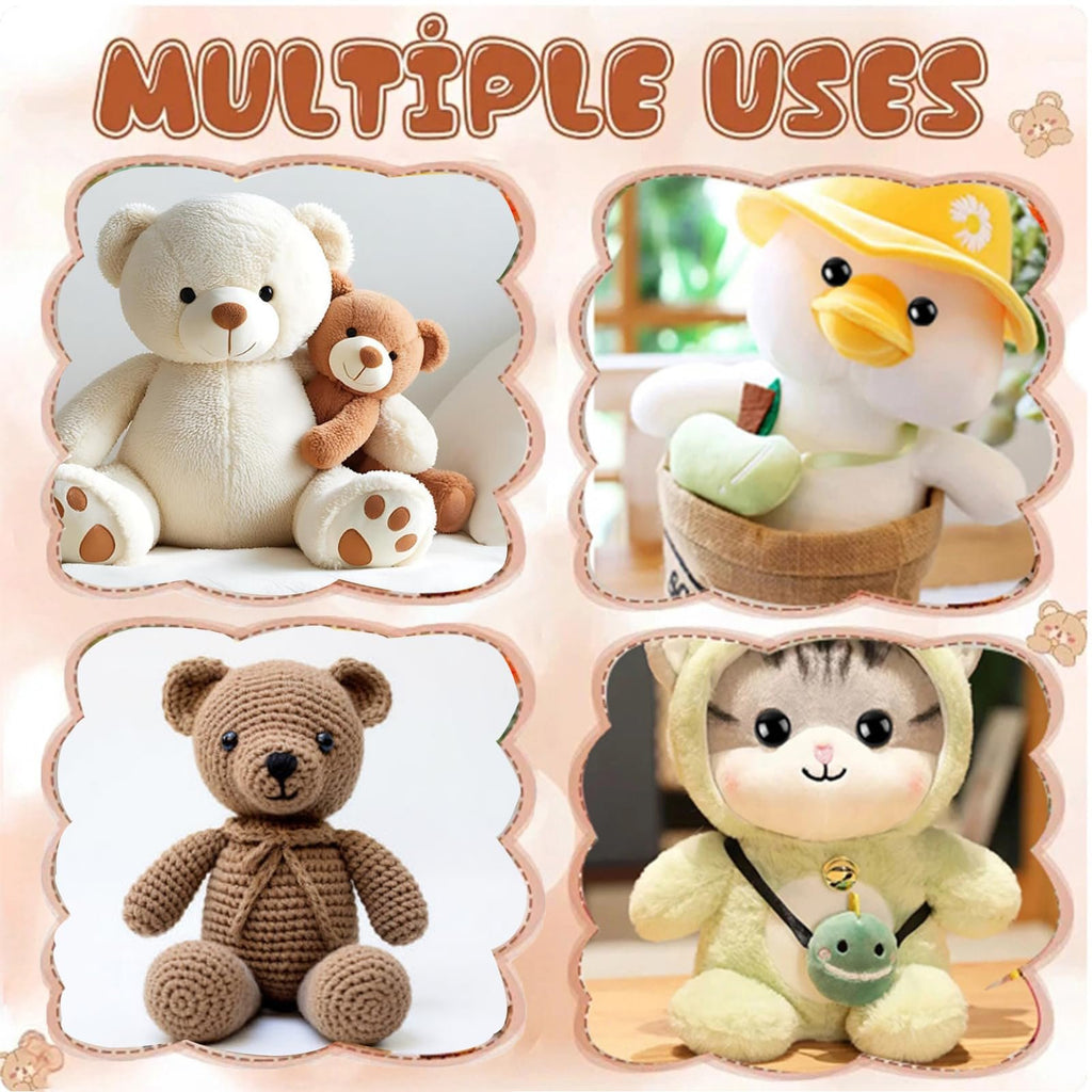 Collage of four plush toys: two teddy bears, a duck in a hat, and a cat in a hoodie, with text 'MULTIPLE USES' at the top.