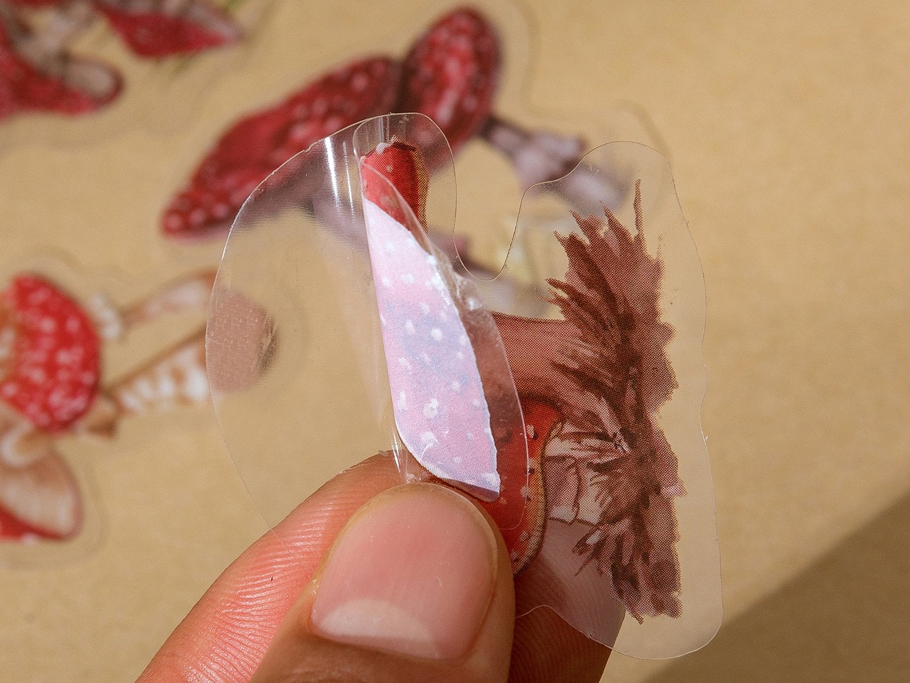 Close-up of a finger peeling a clear PET sticker featuring a red mushroom with white spots and brown stem.