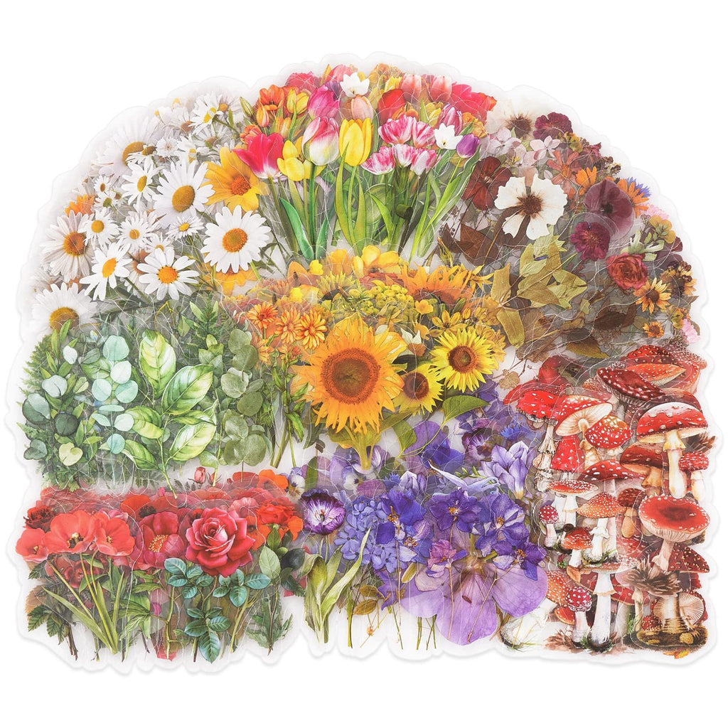 Assortment of botanical stickers featuring flowers, leaves, and mushrooms on a white background.