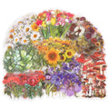 Assortment of botanical stickers featuring flowers, leaves, and mushrooms on a white background.