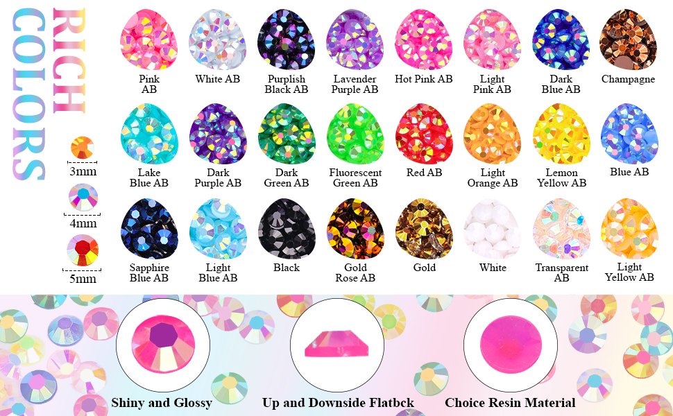 Assortment of colorful flatback rhinestones in various sizes and shades, with text labels and close-up views.