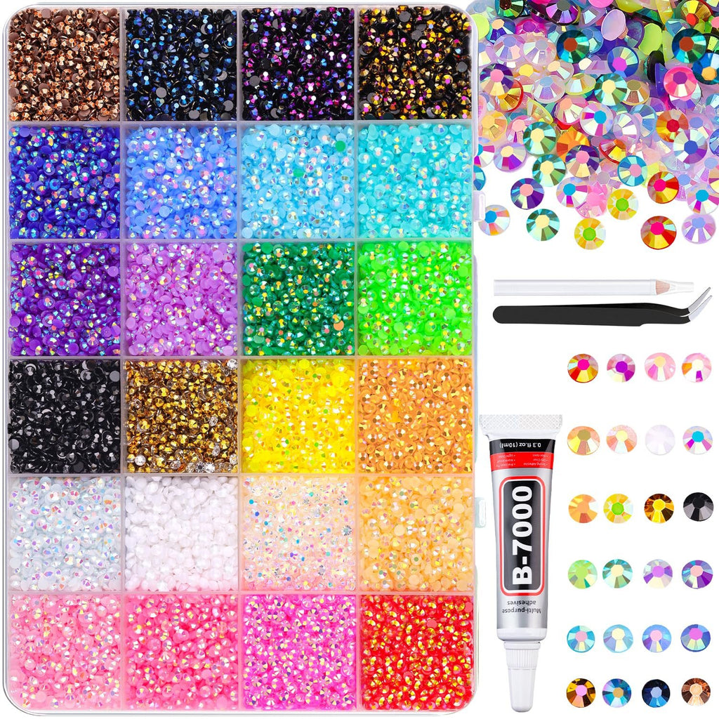 Mixed-color flatback rhinestones in a 24-grid organizer box with B-7000 glue and tweezers