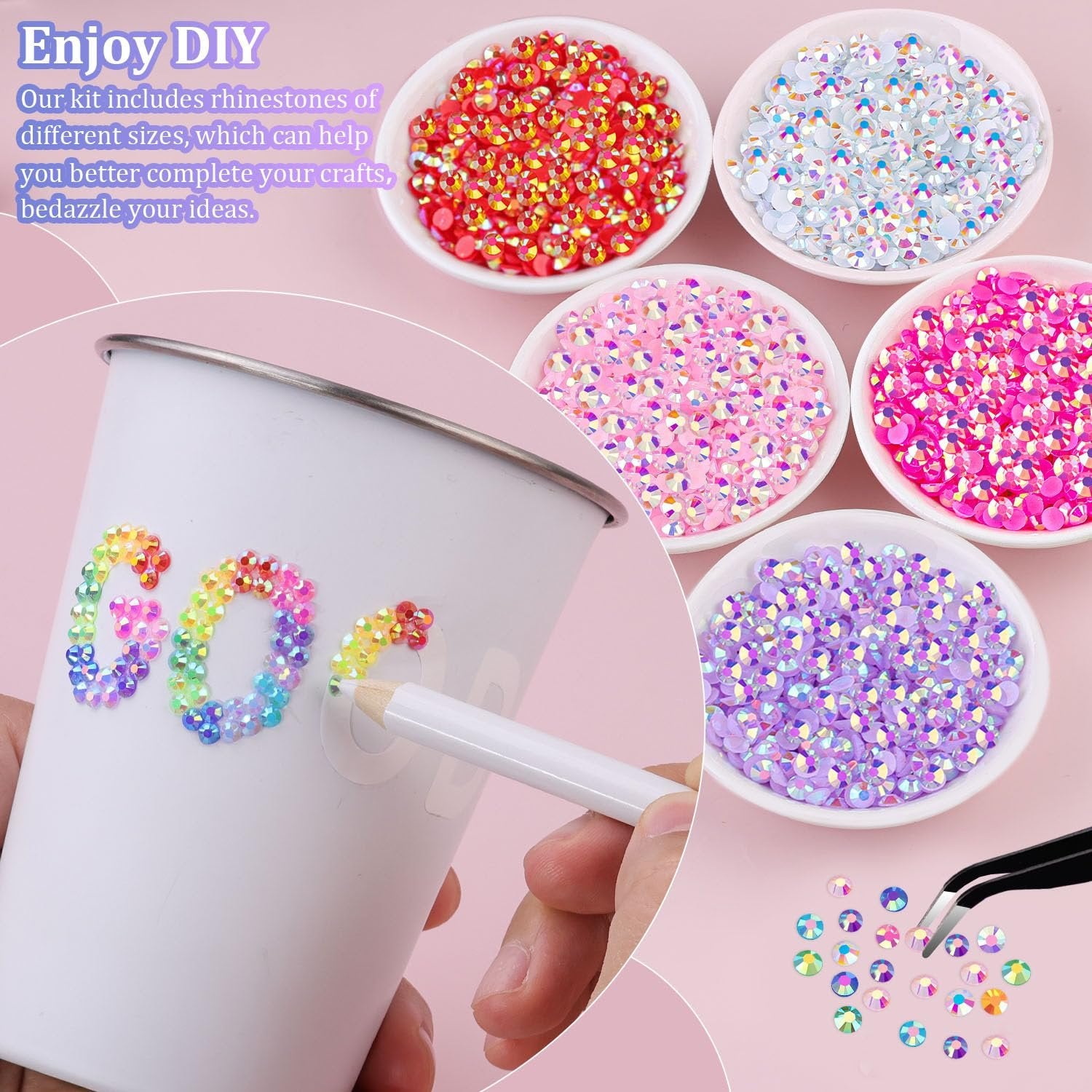 Close-up of a hand decorating a white cup with colorful rhinestones using a pickup pen, with bowls of rhinestones in the background.