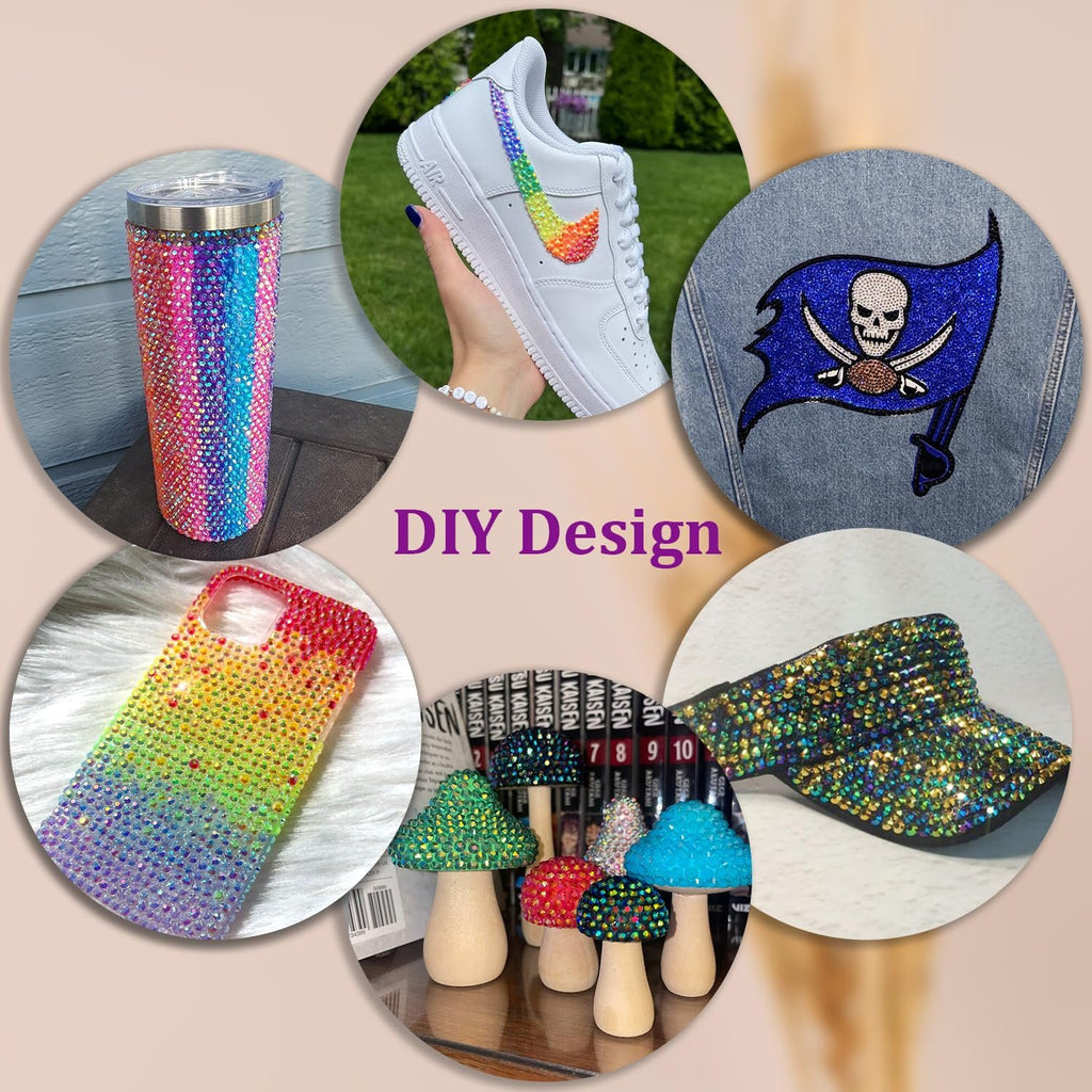 Collage of DIY projects decorated with rhinestones: tumbler, sneaker, pirate flag patch, phone case, mushrooms, and visor.