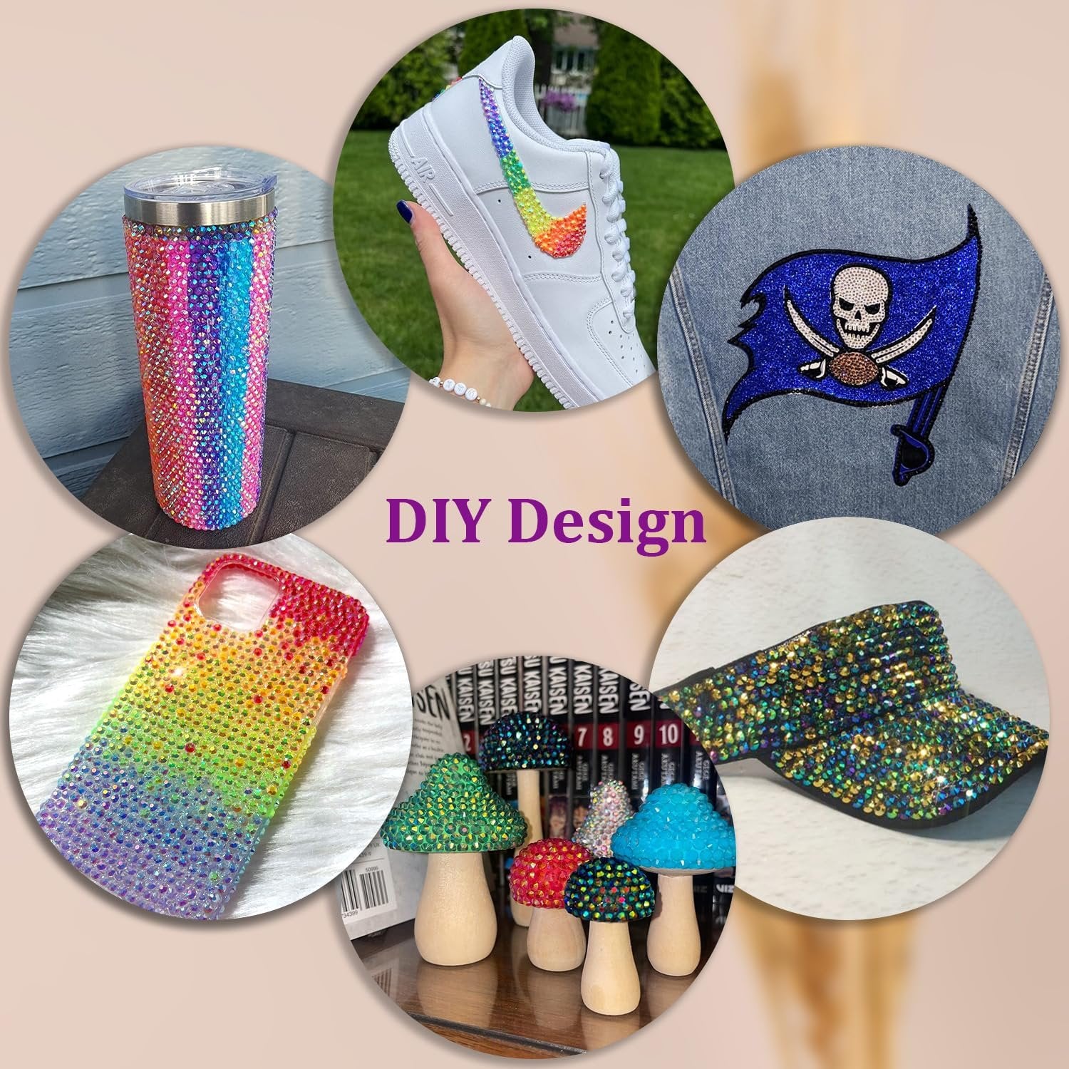 Collage of DIY projects decorated with rhinestones: tumbler, sneaker, pirate flag patch, phone case, mushrooms, and visor.