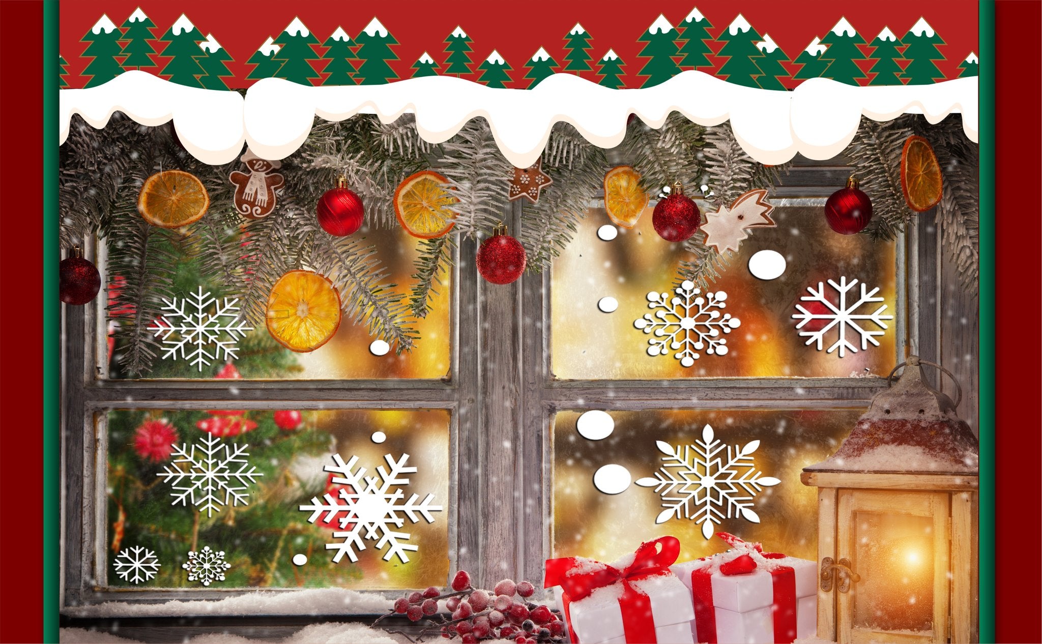 Christmas window scene with snow, pine branches, ornaments, dried oranges, gingerbread cookies, snowflakes, gifts, and a lantern.