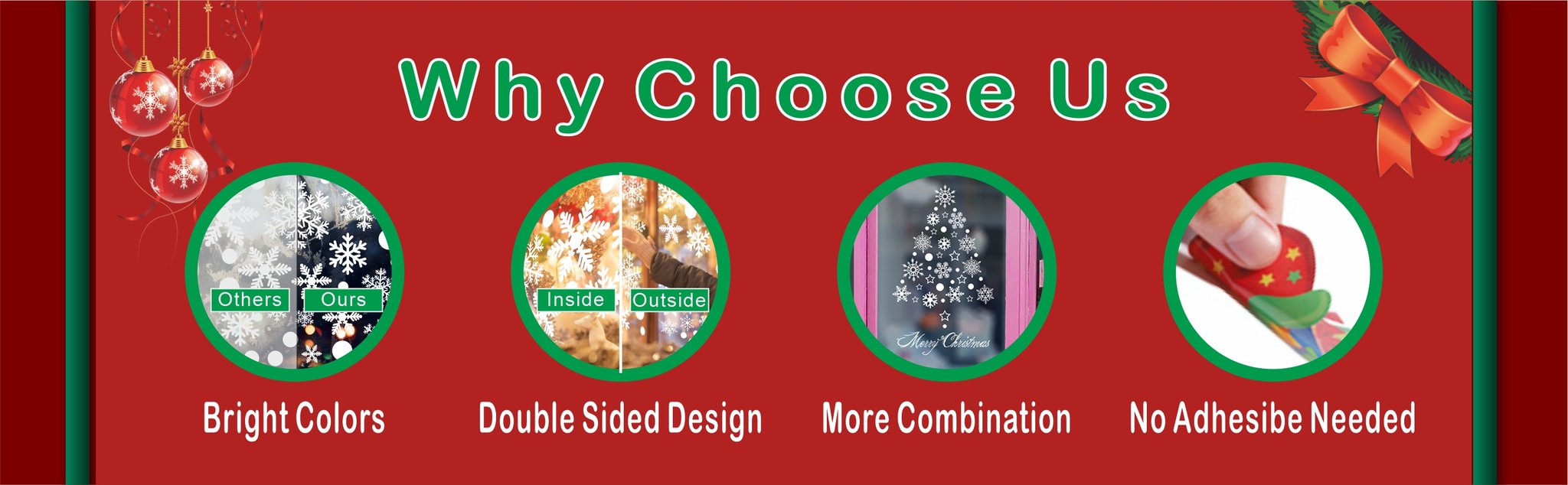 Christmas window decals comparison graphic showing product features like bright colors and double-sided design.