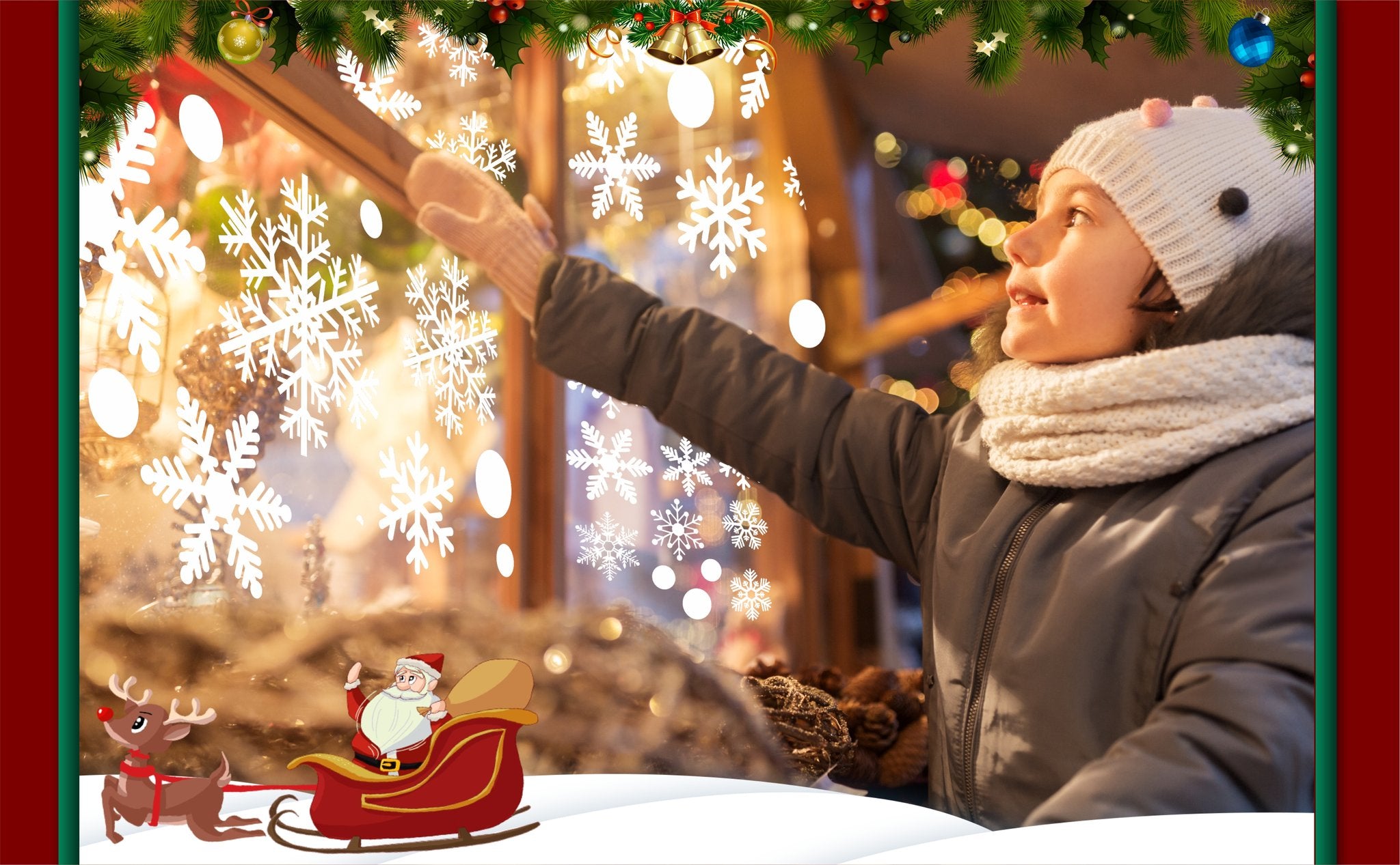Child in winter clothing reaching towards snowflake decals on a window with Santa and reindeer graphic below
