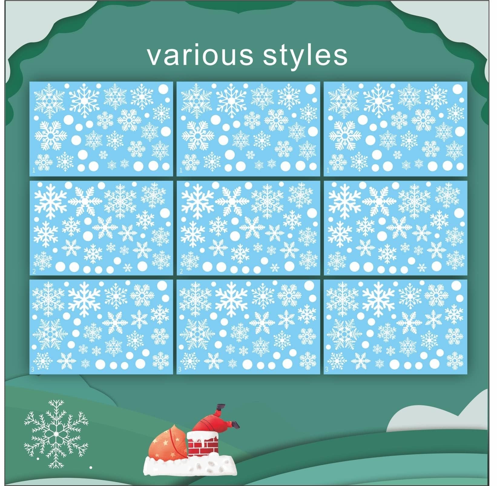 Nine sheets of blue window decals featuring white snowflakes and circles, with a small graphic of Santa in a chimney at the bottom.