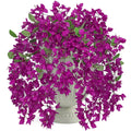 Artificial purple bougainvillea flowers cascading from a stone urn, isolated on white background.