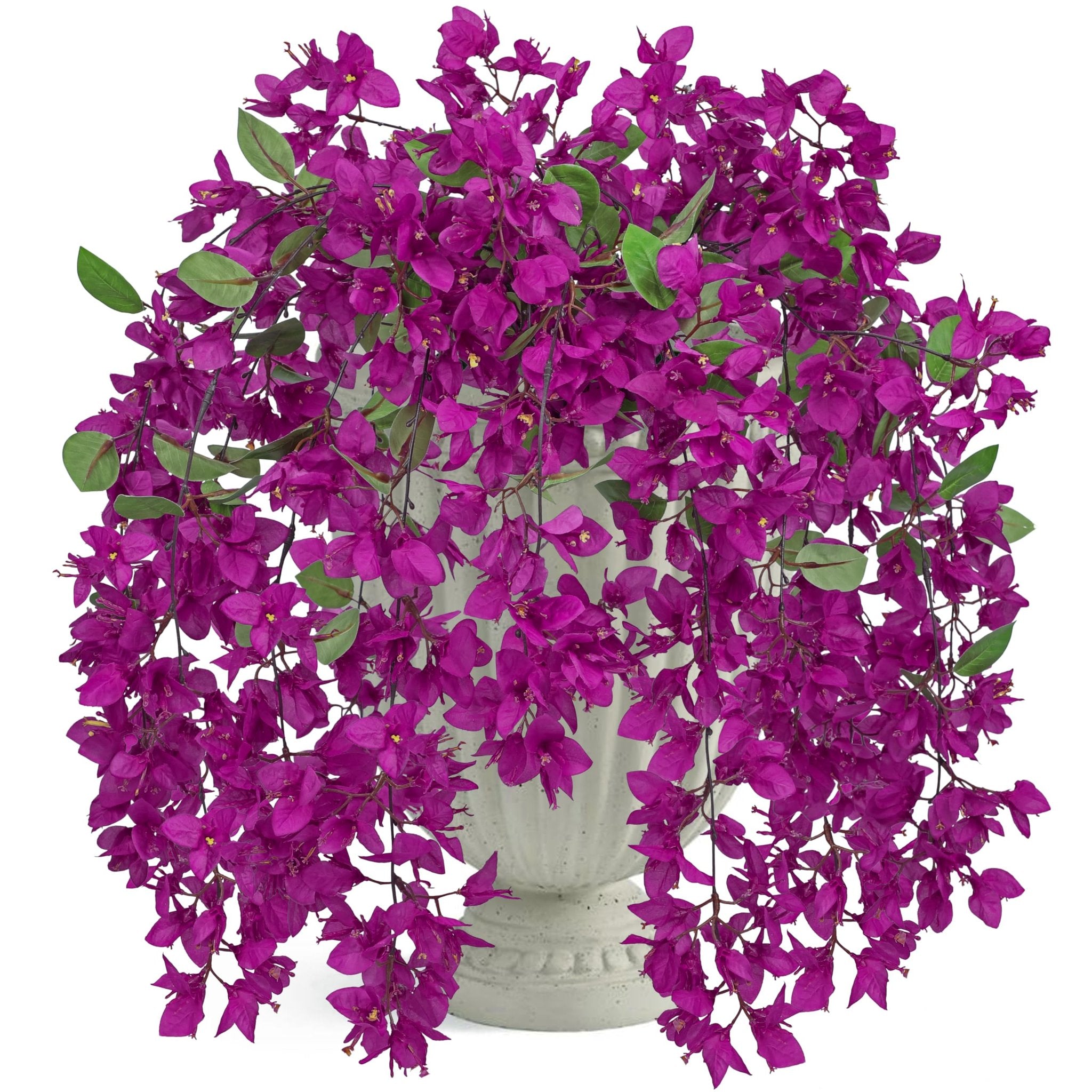 Artificial purple bougainvillea flowers cascading from a stone urn, isolated on white background.