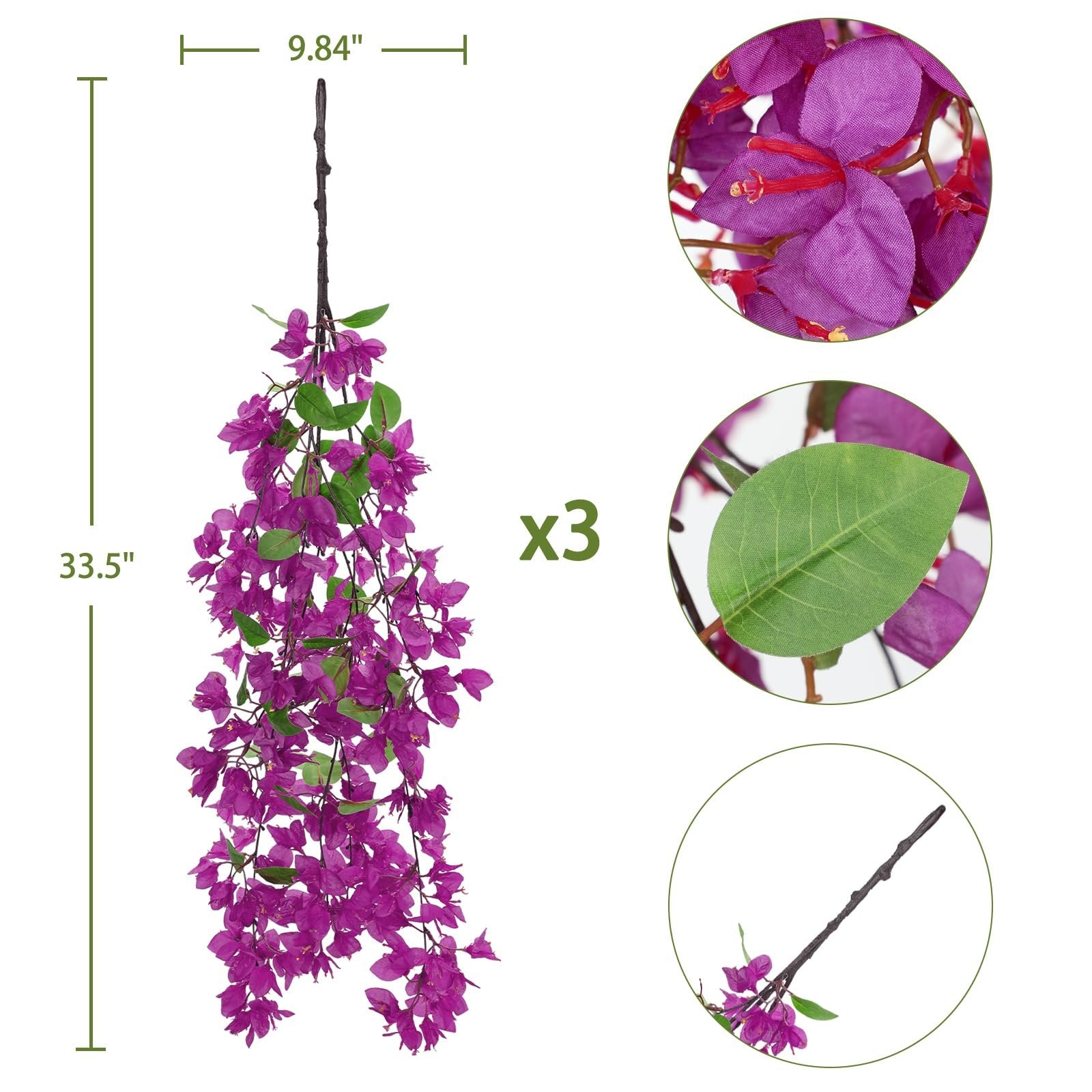 Purple artificial bougainvillea spray with green leaves, showing dimensions 33.5" length and 9.84" width, and a quantity indicator of x3.