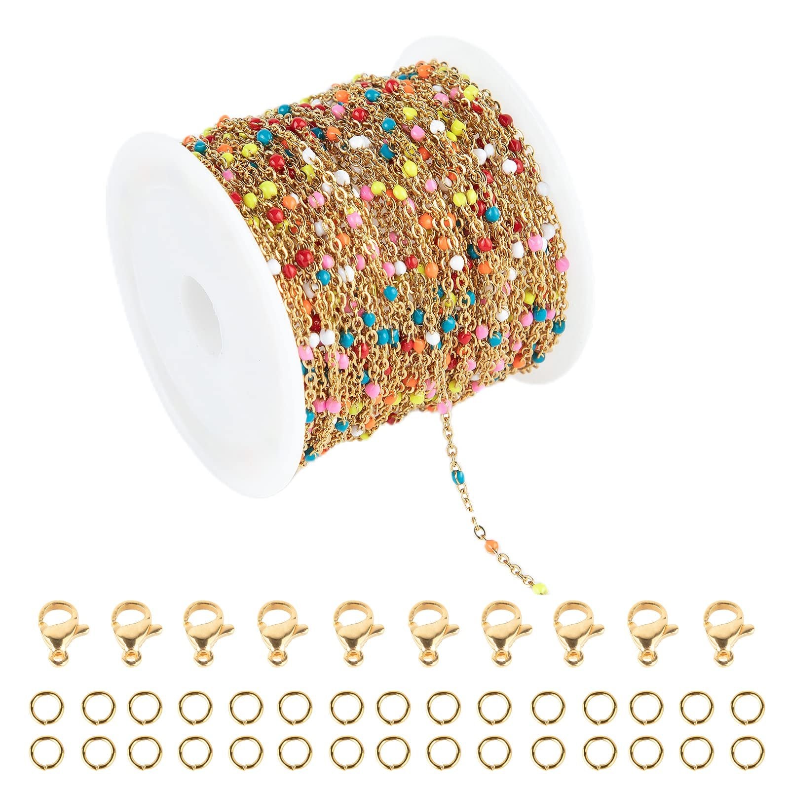 Gold-plated stainless steel beaded jewelry chain on spool with lobster clasps and jump rings below