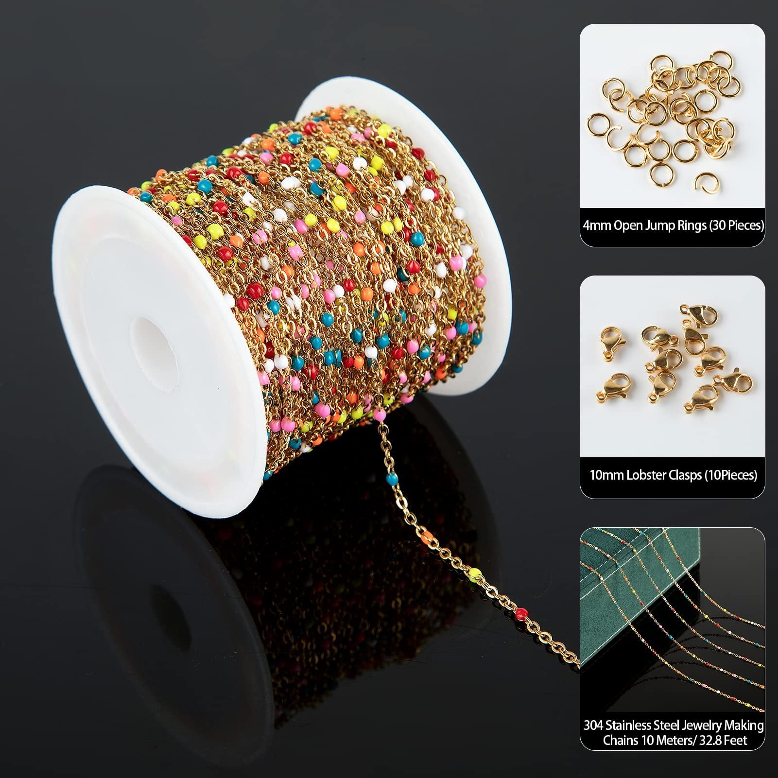 Beaded jewelry chain on spool with jump rings and lobster clasps shown separately