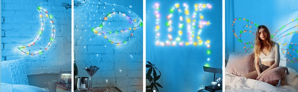 Color changing fairy lights shaped into a crescent moon, planet, and the word LOVE on a brick wall.