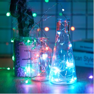Color changing fairy lights wrapped around glass vases with a cactus, showing indoor holiday decor potential.