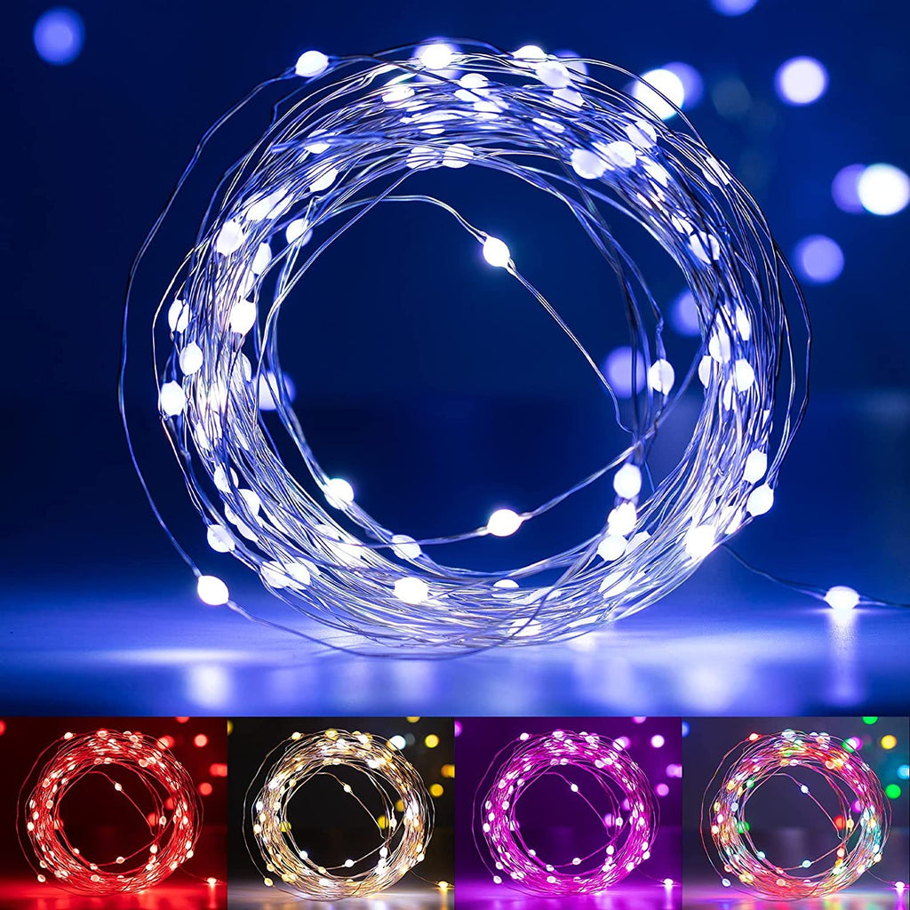 Coiled string of 100 white LED fairy lights with bendable copper wire, shown with color samples below