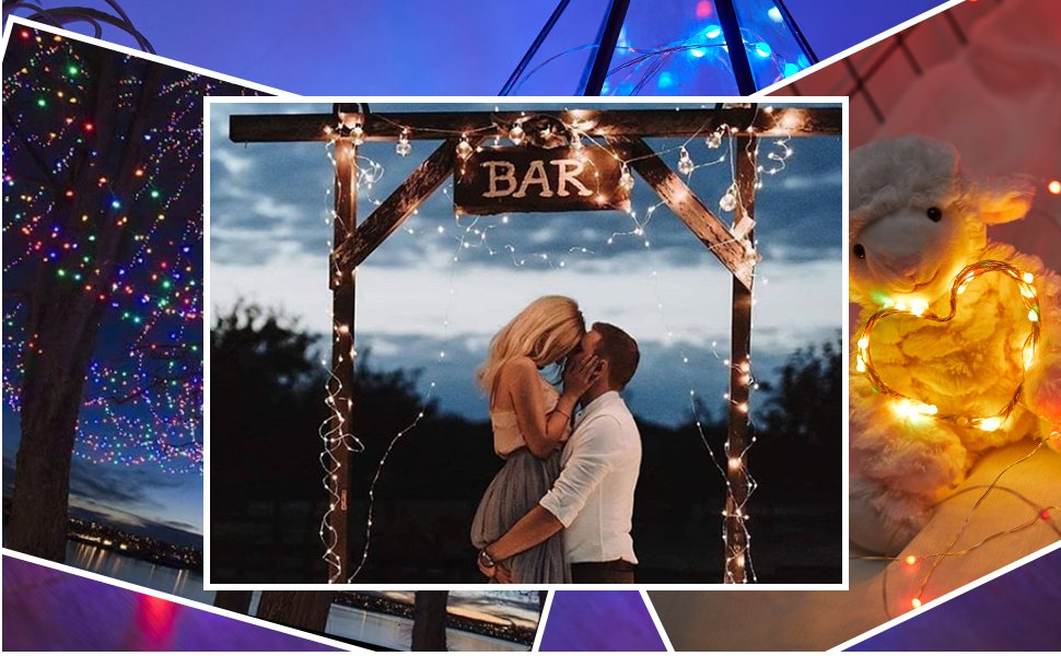 Collage of fairy lights: couple under archway, lights on tree, lights on stuffed animal, geometric lantern.