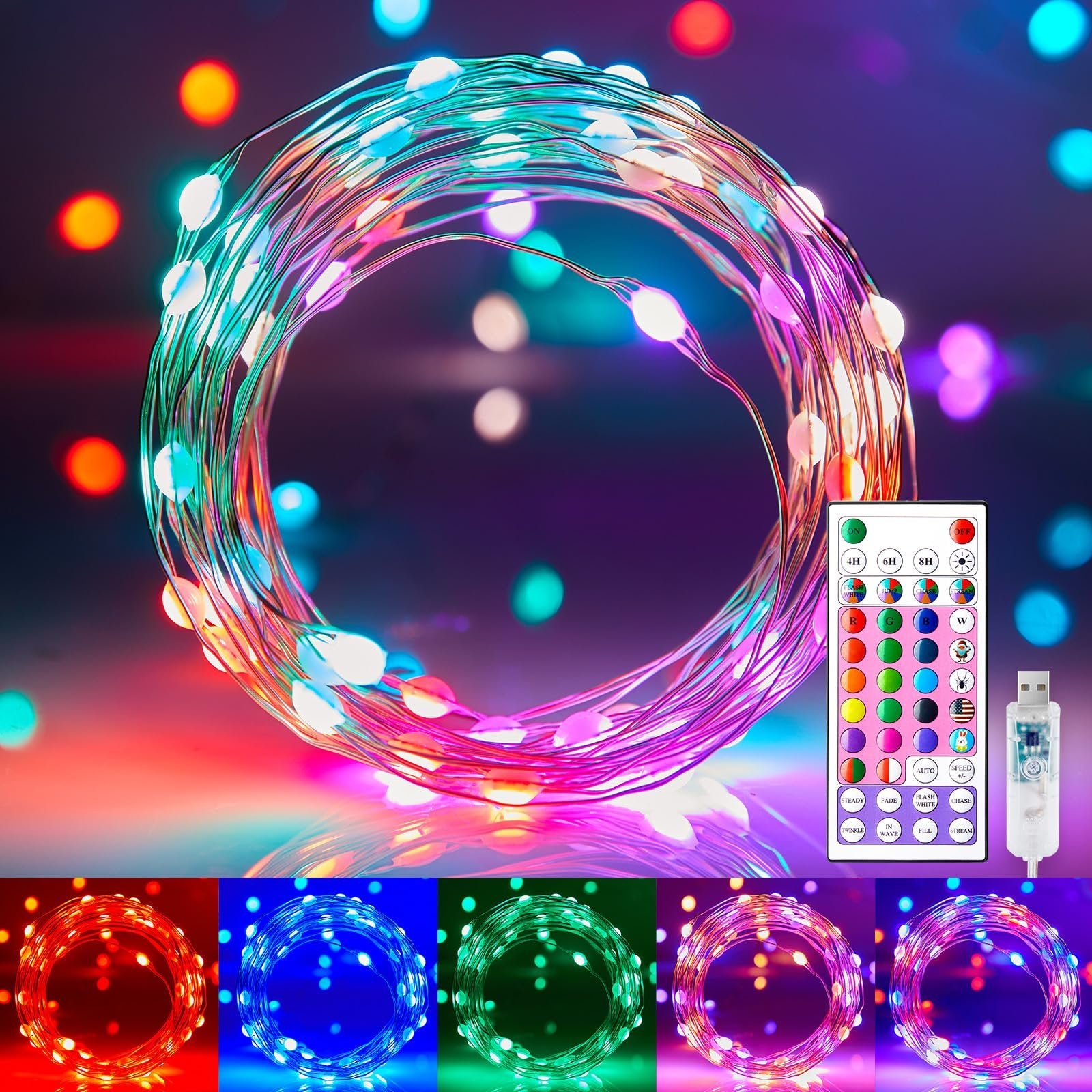 Color changing fairy lights coiled with a remote control and USB connector, showing multiple colors and modes.