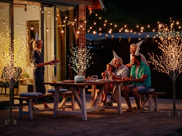 Family celebrating outdoors at night with illuminated light trees and string lights overhead