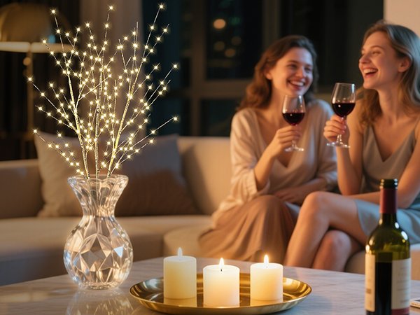 Lighted birch branches in a crystal vase with two women holding wine glasses in the background.
