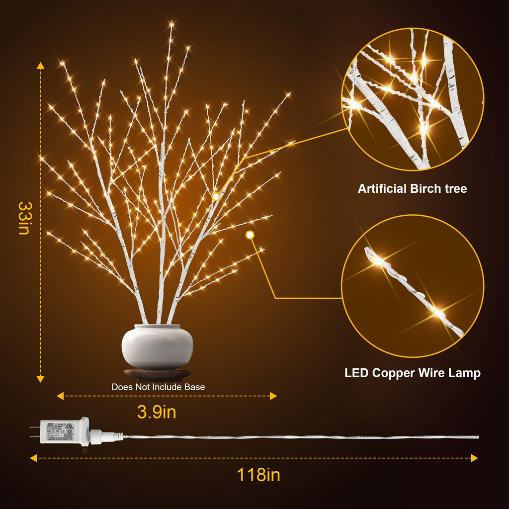 33 inch artificial birch tree with 180 LED lights in a white vase, showing dimensions and power adapter.