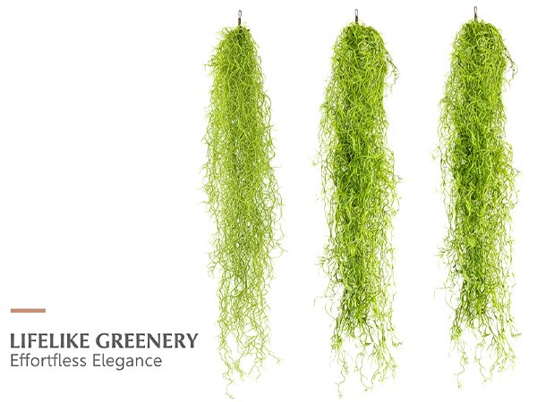 Three artificial Spanish moss garlands hanging against a white background, showing their green, wispy texture.
