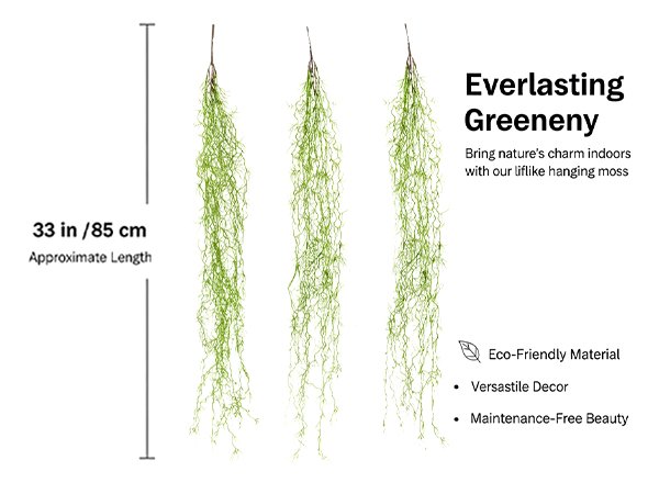 Three strands of artificial Spanish moss garland, approximately 33 inches long, displayed against a white background with text callouts.