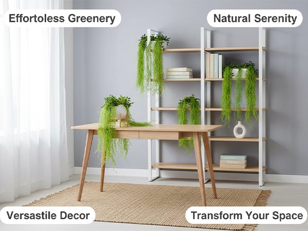 Artificial hanging greenery vines draped over a desk and bookshelf in a modern room setting.